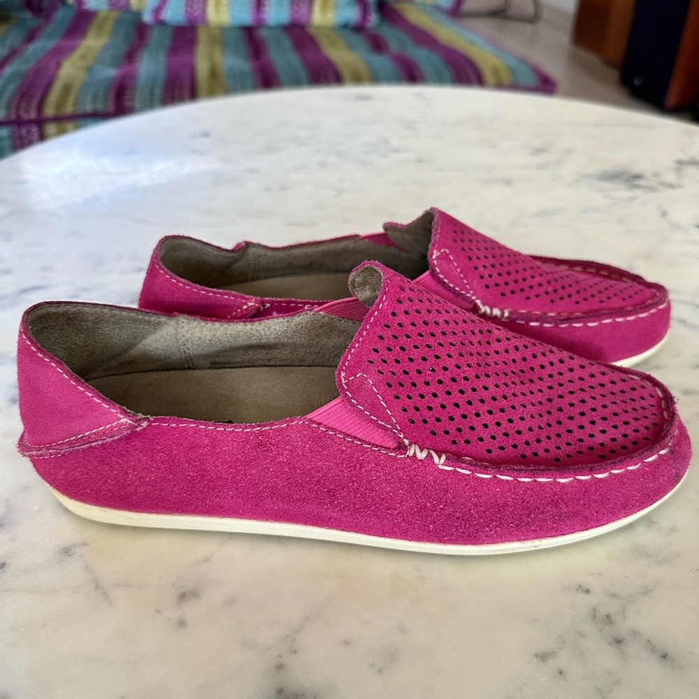 Olukai perforated magenta loafers.
